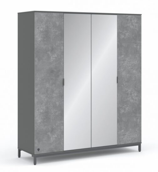 Čtyřdveřová šatní skříň se zrcadlem pluto - šedá