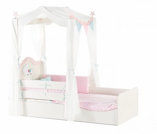 Dětská postel 90x200 s nebesy sunbow - béžová/růžová