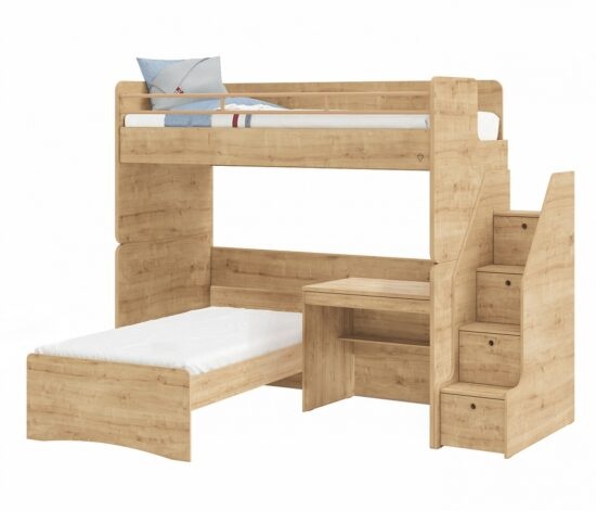 Patrová postel s psacím stolem a schůdky cody modular - dub světlý