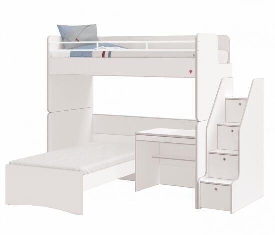 Patrová postel s psacím stolem a schůdky pure modular - bílá